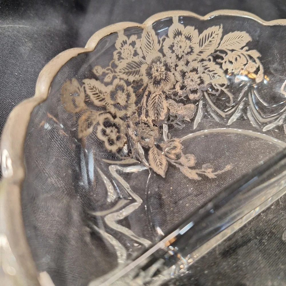 Vintage Silver Overlay Divided‎ Relish Dish Floral Scalloped Candy Bowl 8